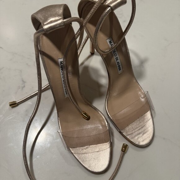 Manolo Blahnik Women’s Estro Leather & PVC Ankle-Tie Sandals in Rose Gold - Picture 7 of 7